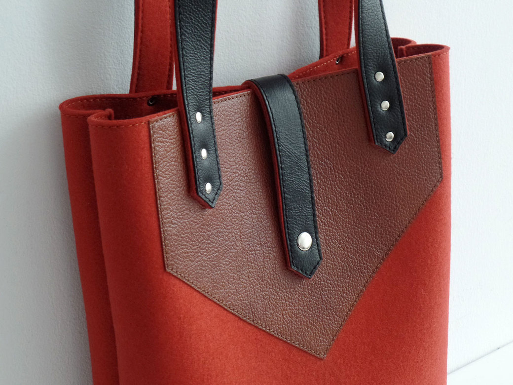 Сумка тоут терракотовая с коричневой и черной кожей