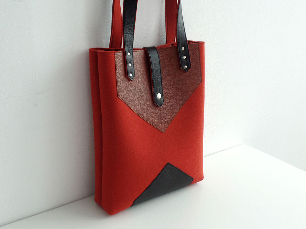 Сумка тоут терракотовая с коричневой и черной кожей