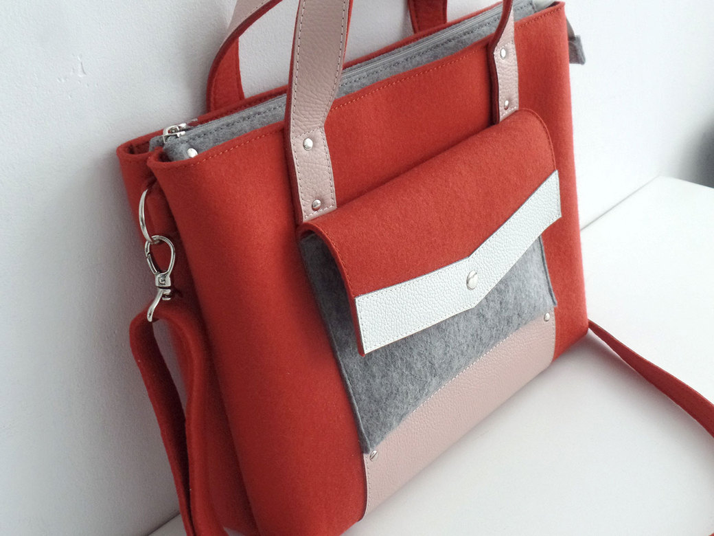 Портфель терракотовый с белой и пудровой кожей
