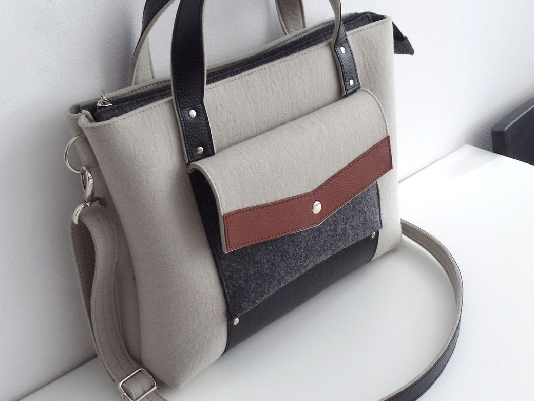 Портфель пепельный с коричневой и черной кожей