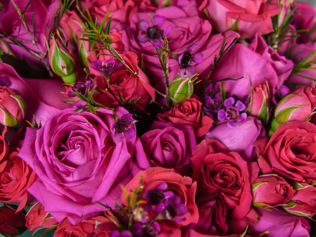 Нежный букет с розами и ваксфлауером 0015