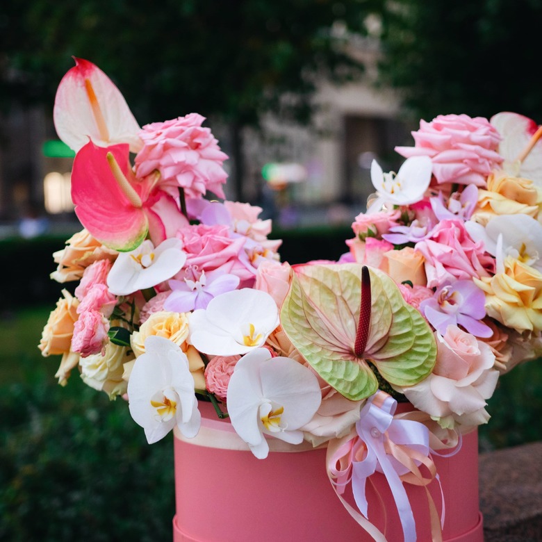 Коробочка с антуриумом, орхидеей и розой 0281