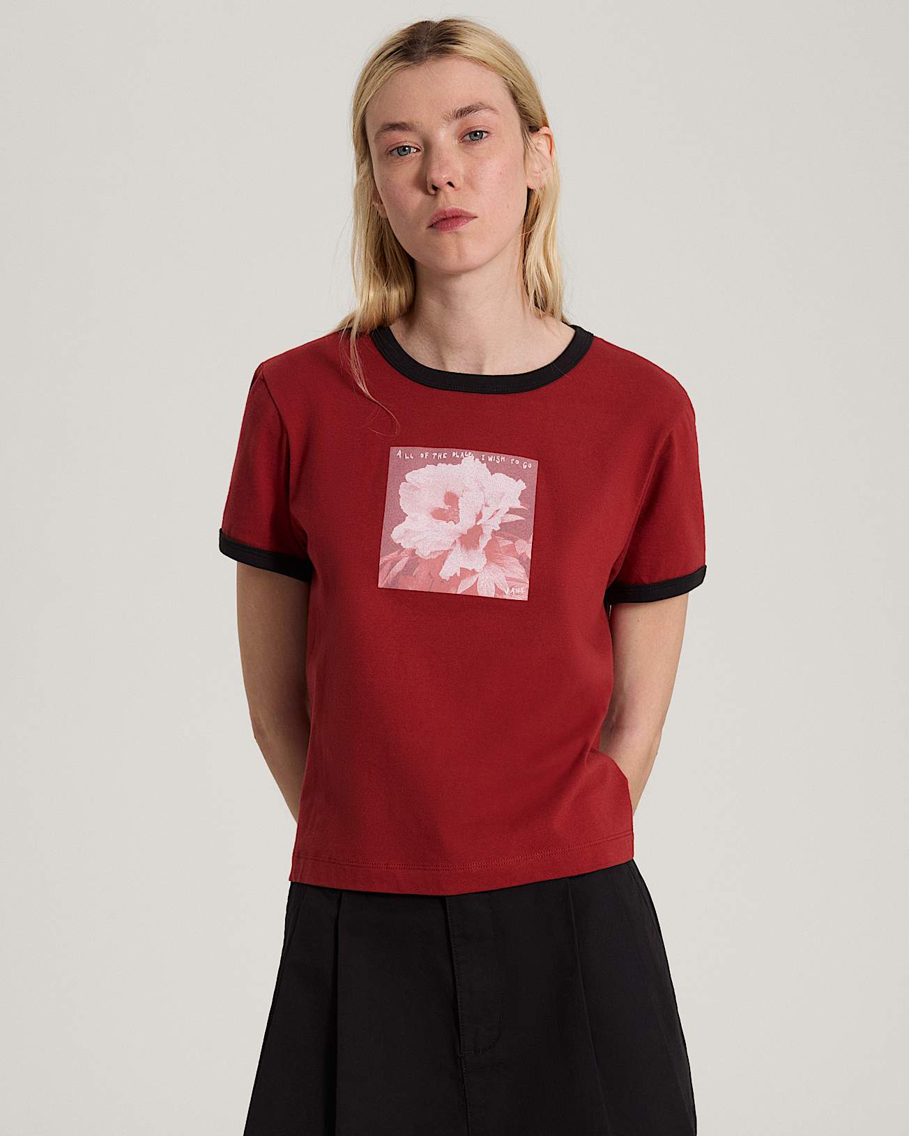 ФУТБОЛКА ЖЕН. VANS PLACES I WISH TO GO RINGER SS TEE POPPY EMBER