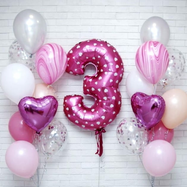 шарики на 3 годика девочке, фольгированная цифра и 2 букета шаров