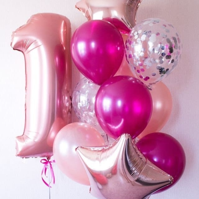 фото шаров для девочки на годик шар цифра 1 розовая, шары звезды фольгированные ярко розовые латексные шары