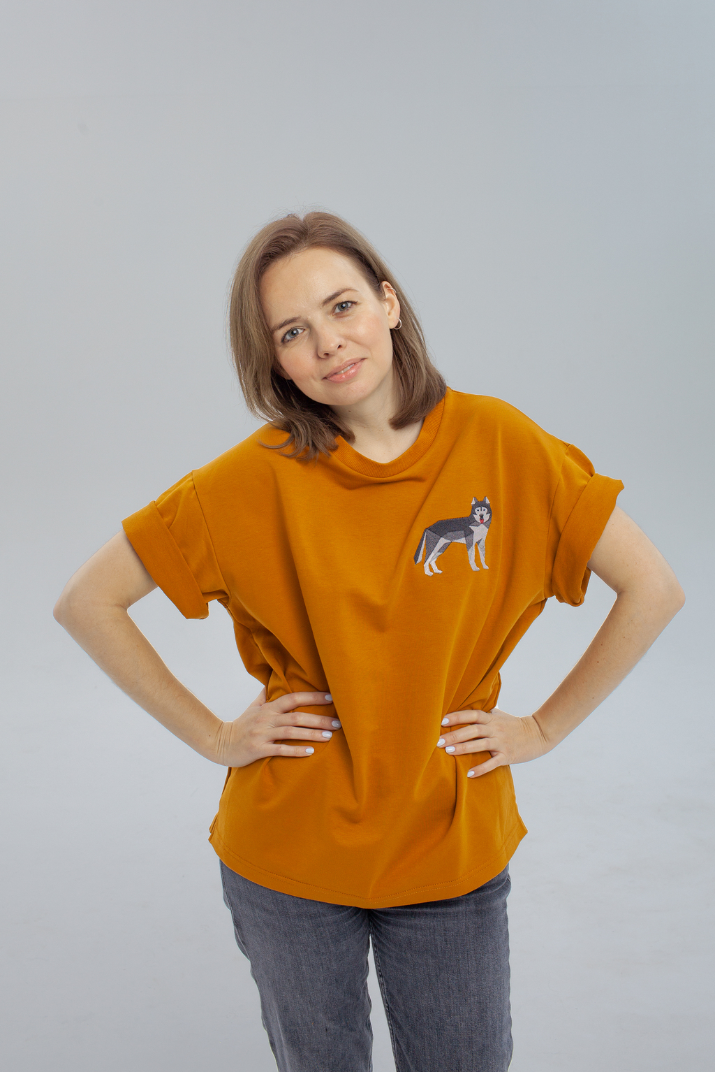 Футболка плотная охра с хаски