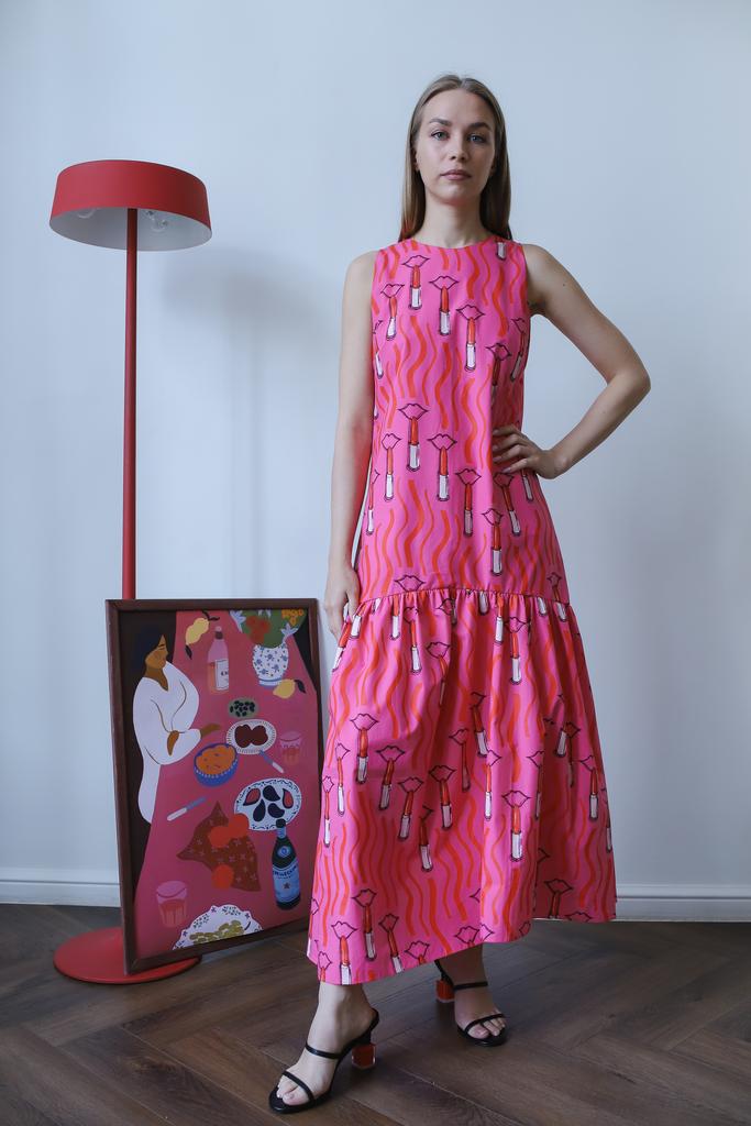 Платье ярко-розовое Lipsticks из хлопка Valentino