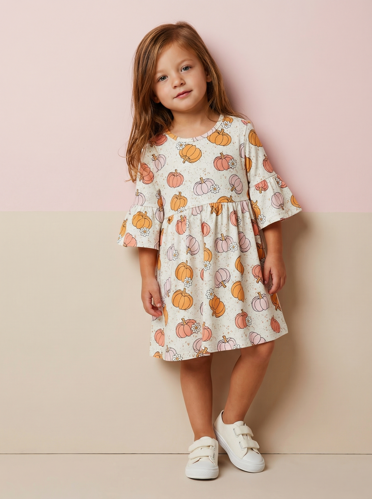 Платье с рукавами - воланами "Тыквы-цветы"