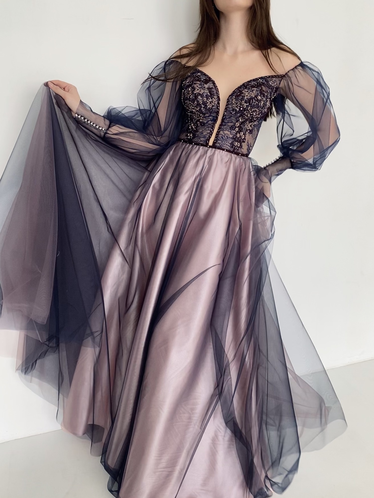 Выпускное платье LILI в фатине сине - сливовом