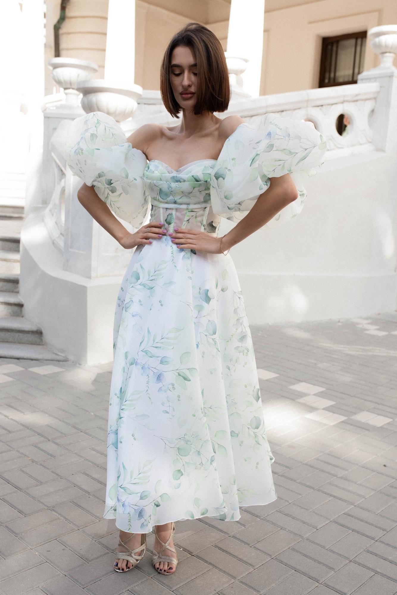 Вечернее платье MIRANA длинное в органзе с принтом "Веточки"