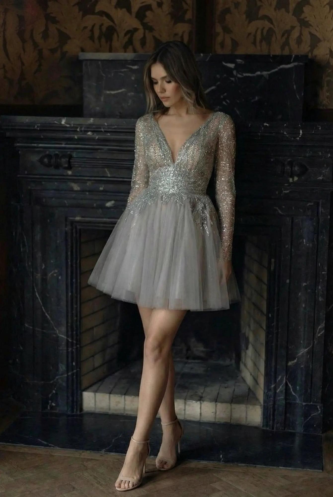 Длинное платье PEARL  с рукавом в фатине стальной серый