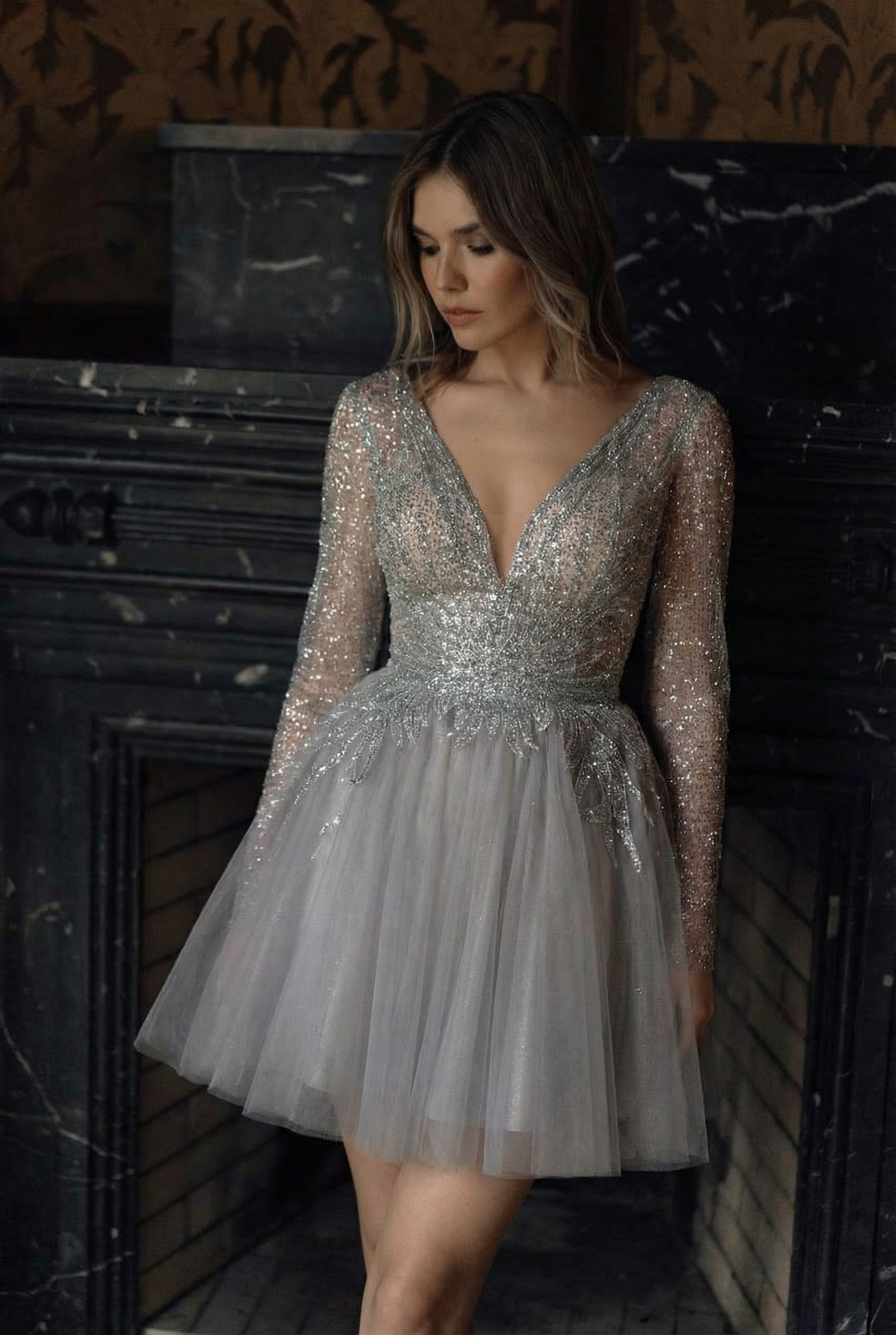 Длинное платье PEARL  с рукавом в фатине стальной серый