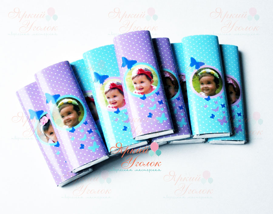 Обертки на шоколад бирюзовые с фото с бабочками,  20 гр