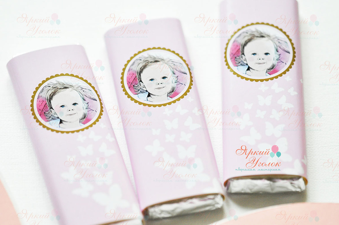 Обертки на шоколад розовые с фото с бабочками,  20 гр