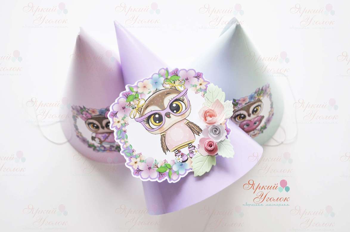 Колпачки и короны с объемным декором "Совушки с цветами"