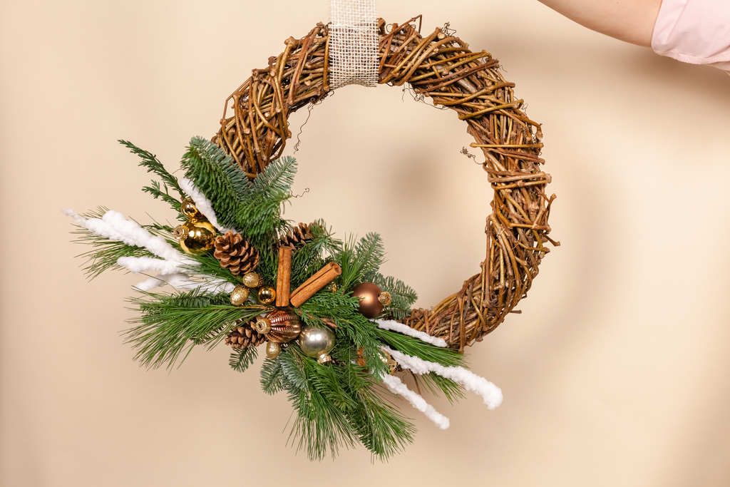 Рождественский венок на каркасе ручной работы из виноградной лозы