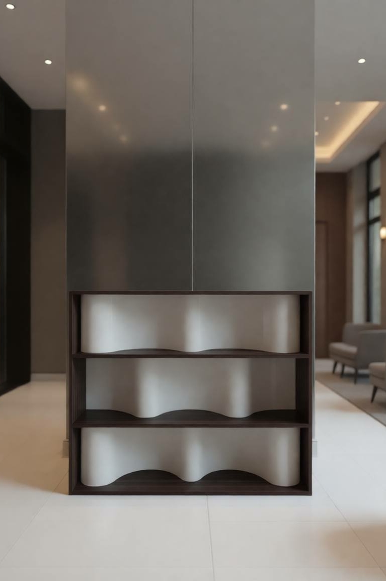 Необычный стеллаж с волнами в интерьере лобби