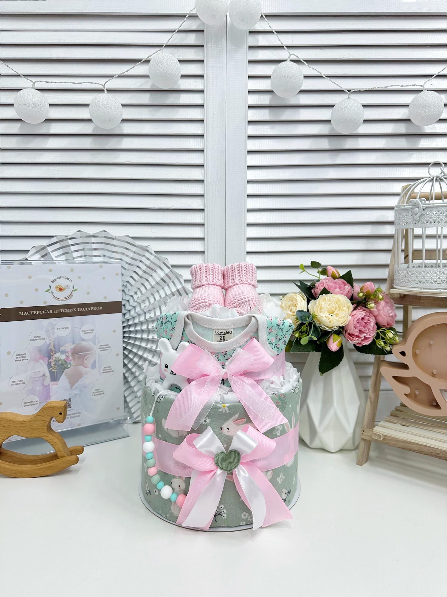 Торт из памперсов подгузников для девочки «Мятный»