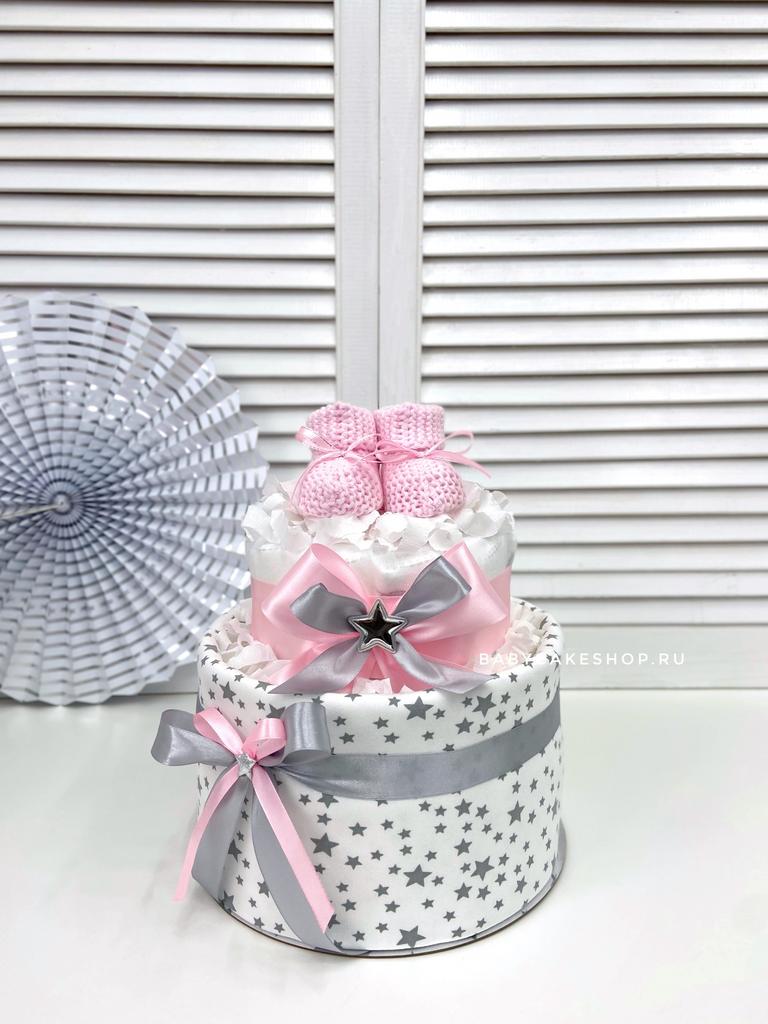 Торт из подгузников памперсов для девочки с пинетками «Розовый»