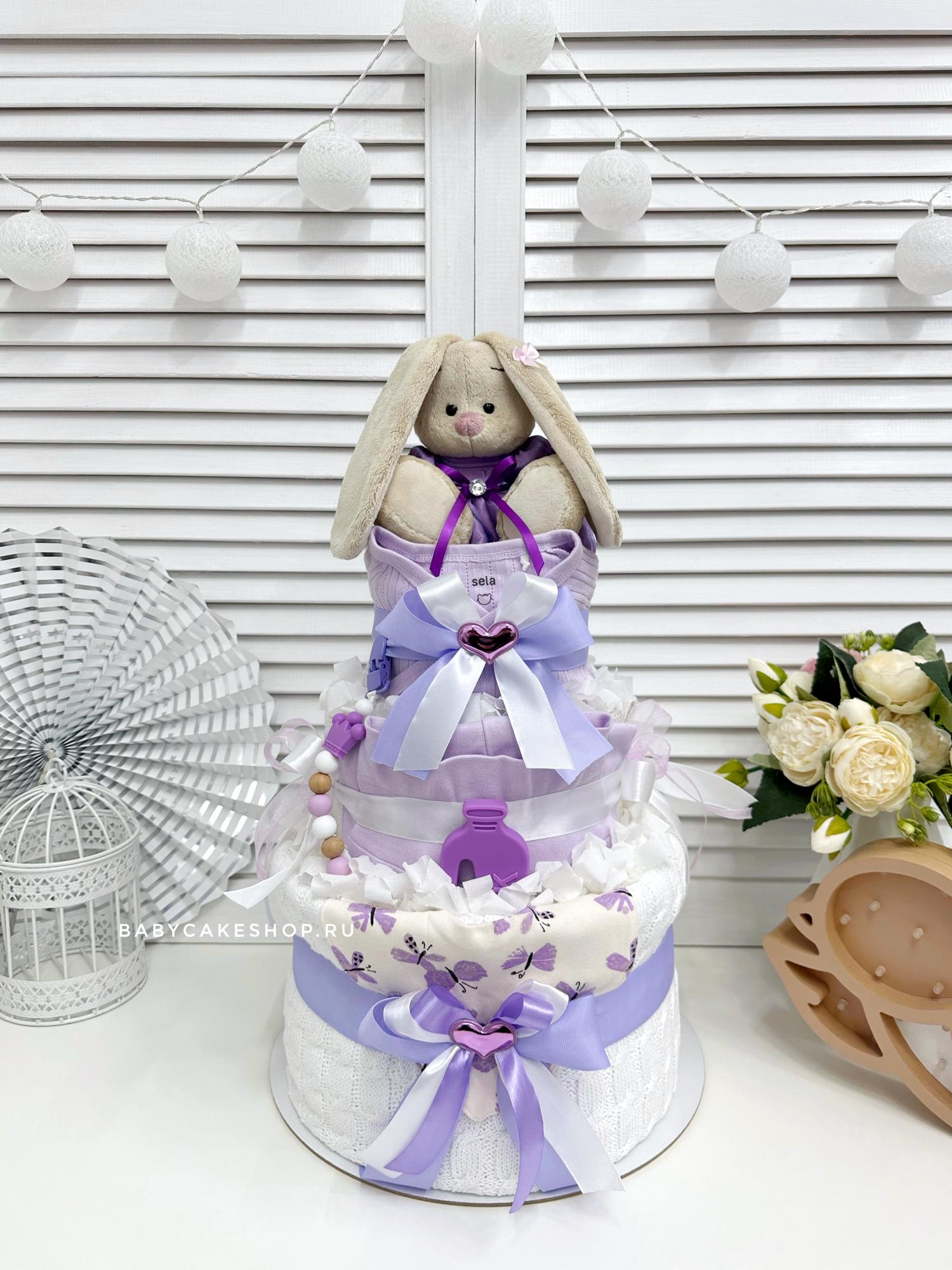 Торт из подгузников памперсов для девочки с игрушкой «Сирень»