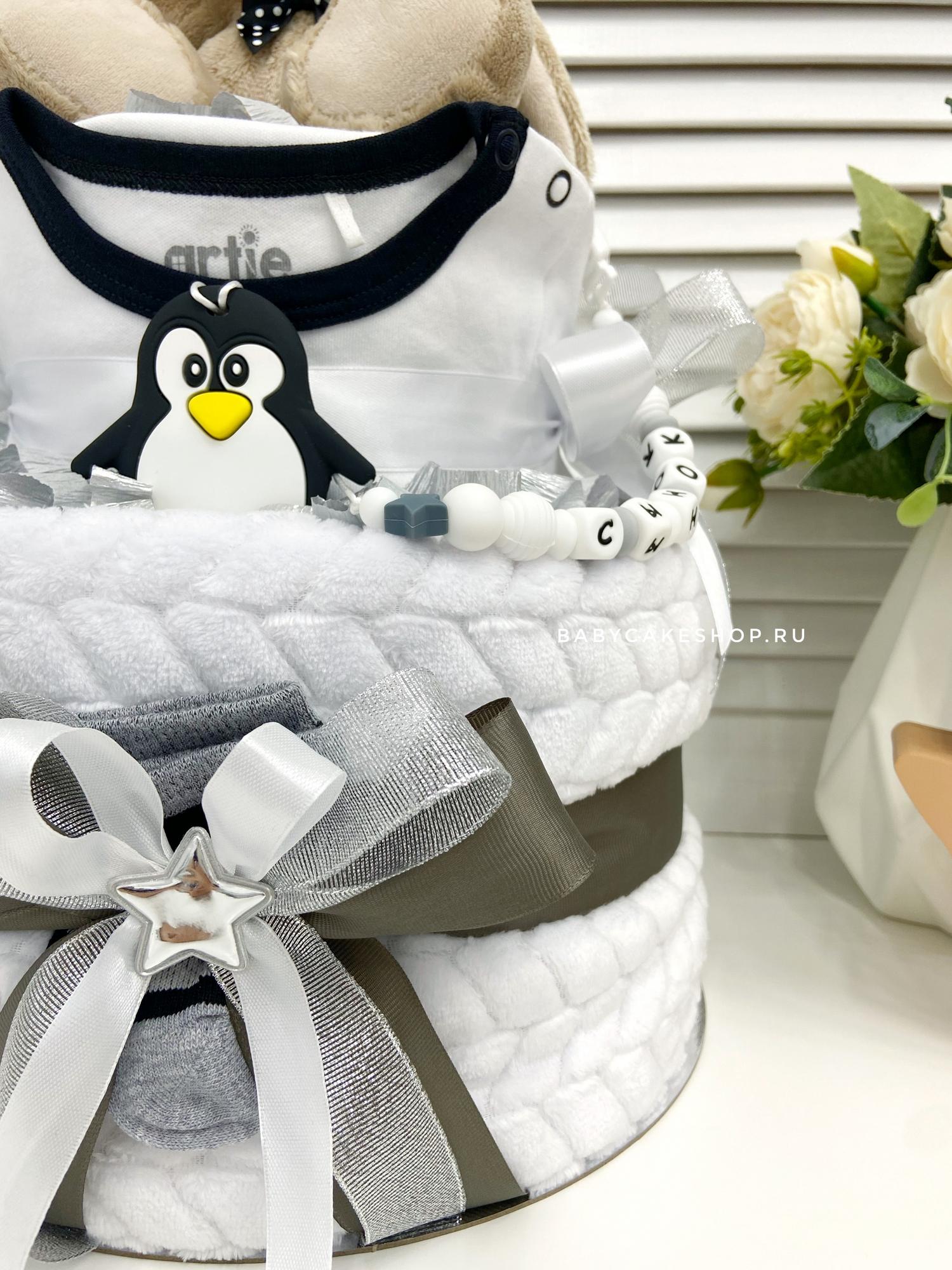 Торт из памперсов подгузников для мальчика «Пингвин»