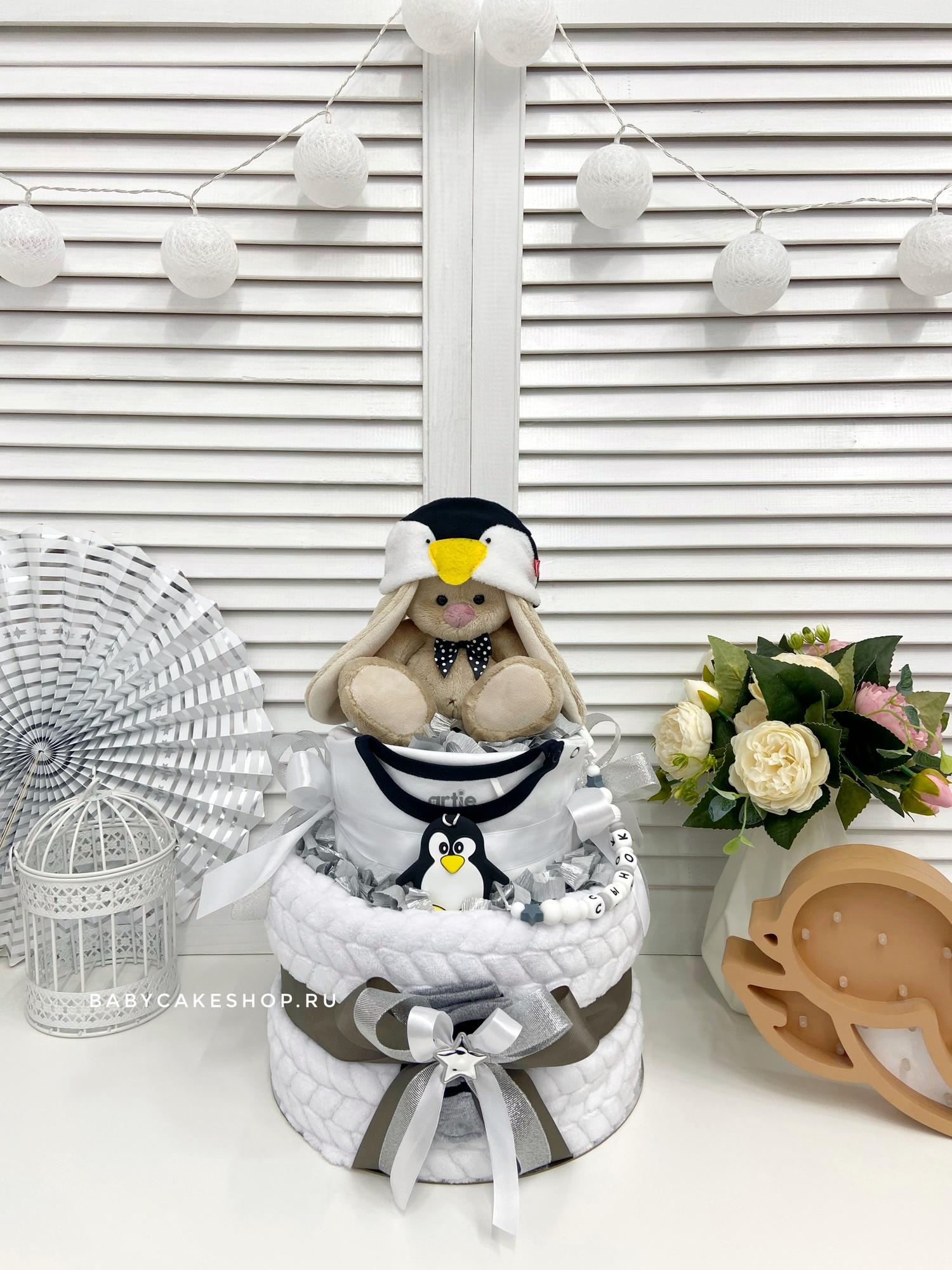 Торт из памперсов подгузников для мальчика «Пингвин»