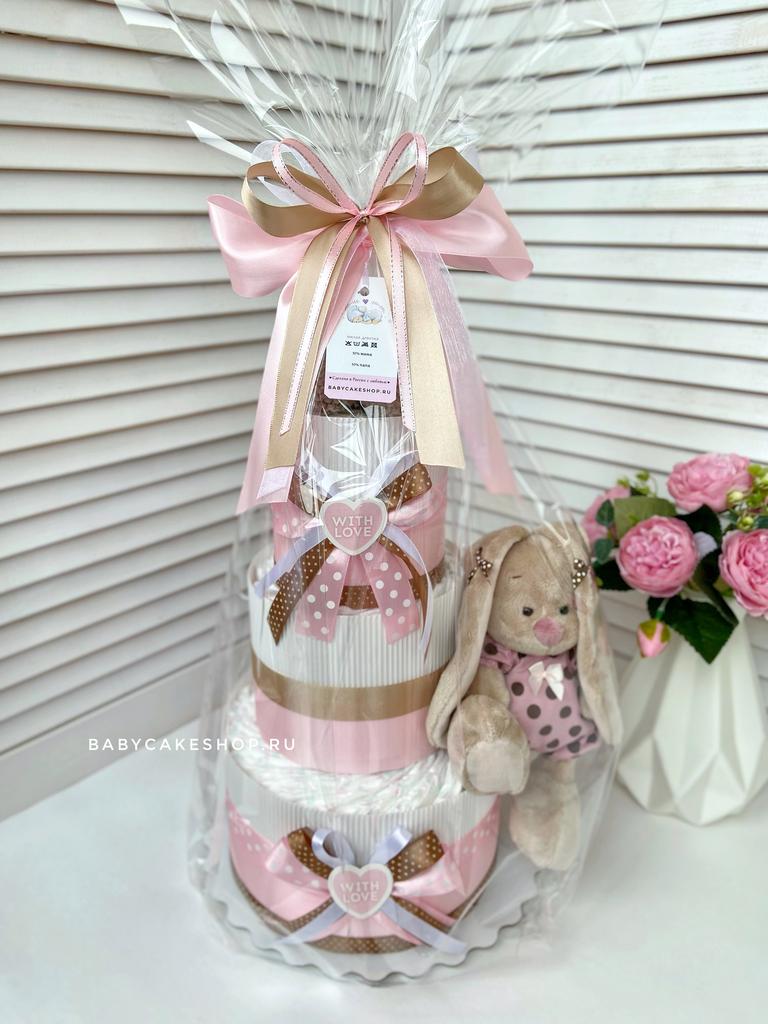 Торт из памперсов подгузников для девочки «Бумажный с именной игрушкой»
