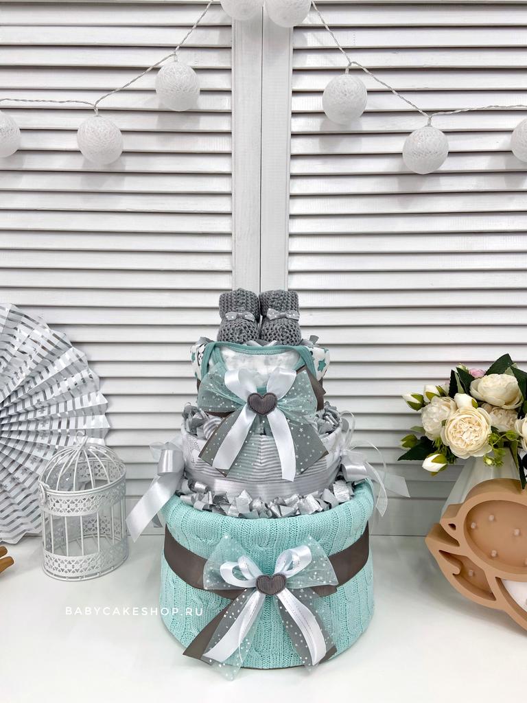 Торт из памперсов подгузников для мальчика «Мятный»