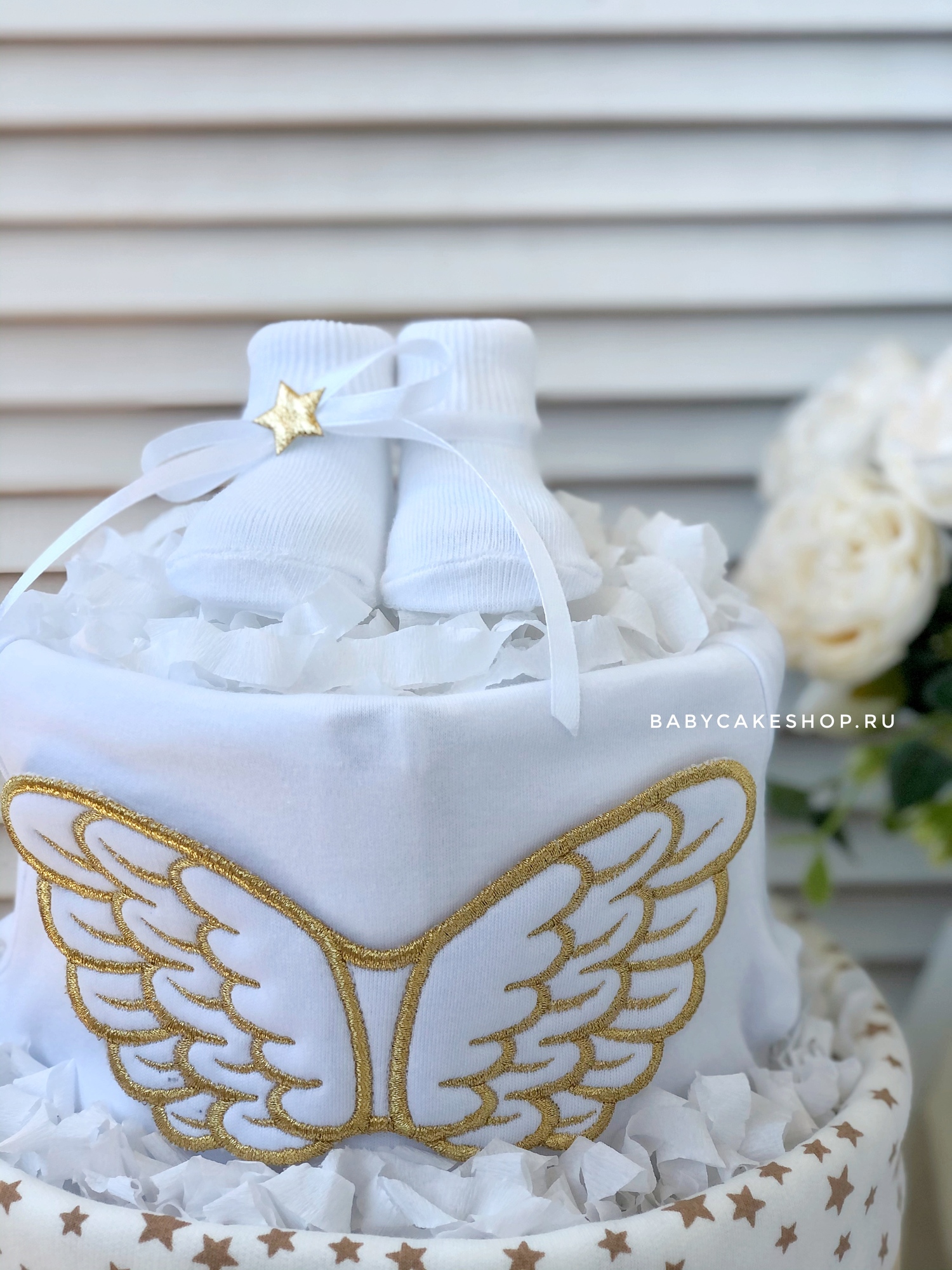 Торт из памперсов подгузников для ребёнка универсальный «Ангел золотой»