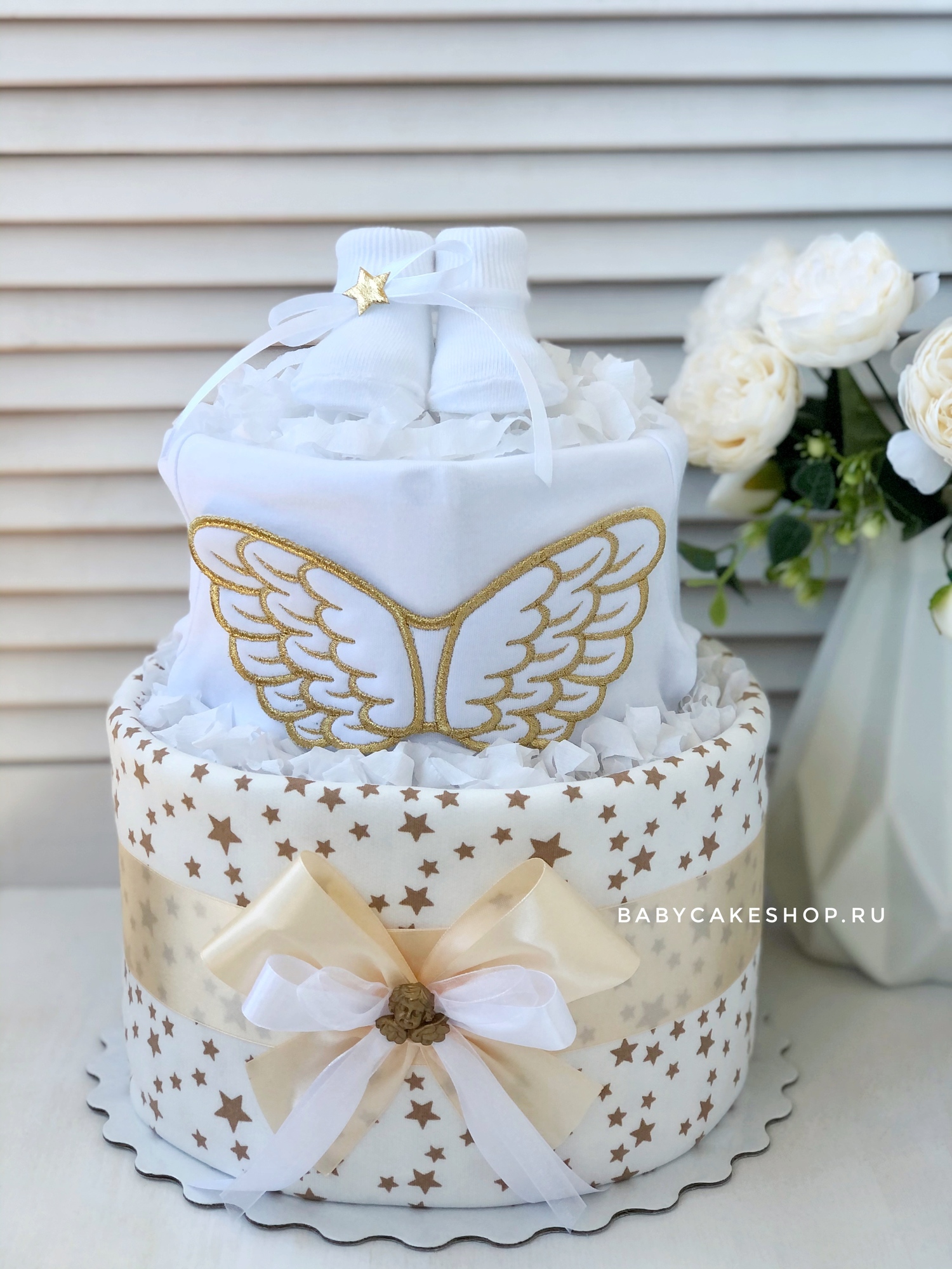 Торт из памперсов подгузников для ребёнка универсальный «Ангел золотой»