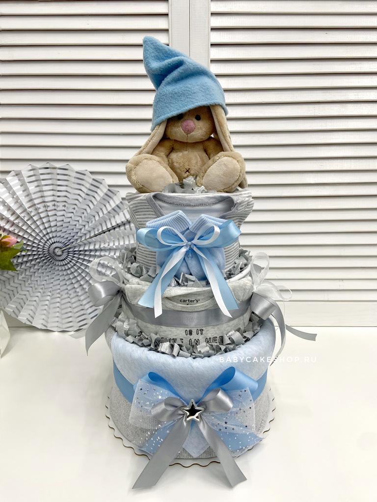 Торт из памперсов подгузников для мальчика новорожденного «Зайка Ми в колпачке»