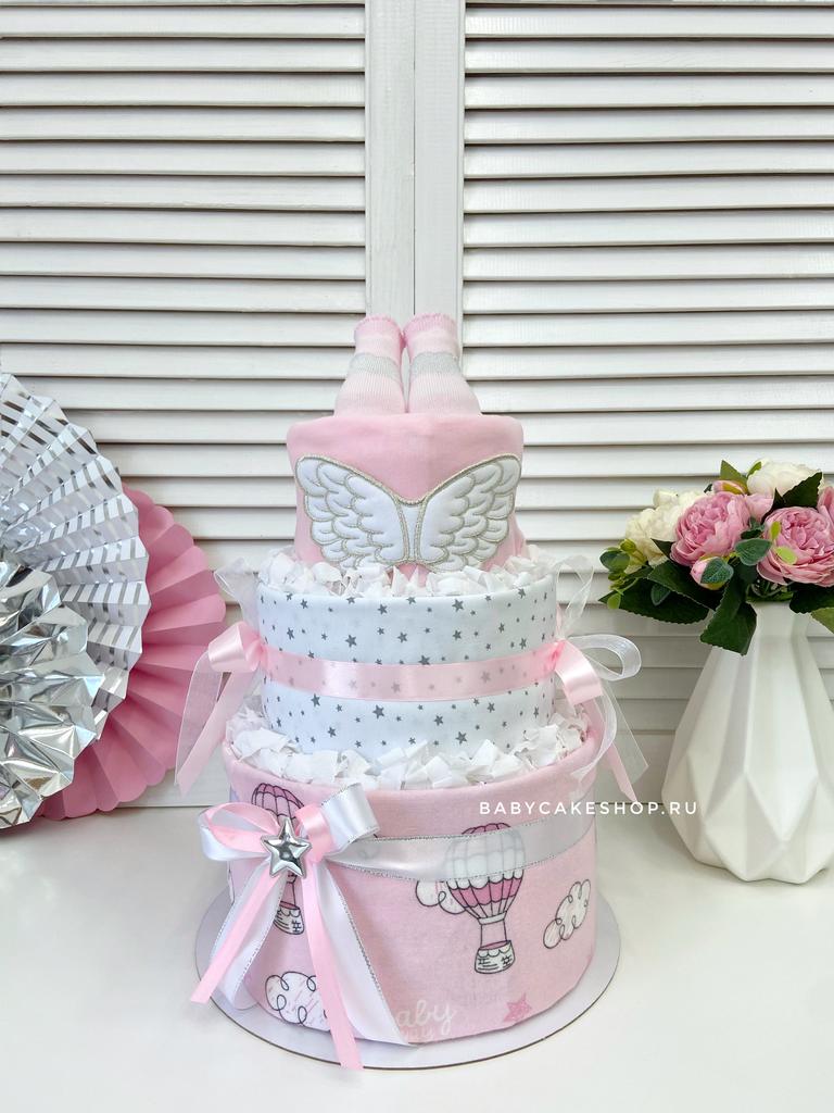 Торт из памперсов подгузников для девочки «Ангел и звёзды»