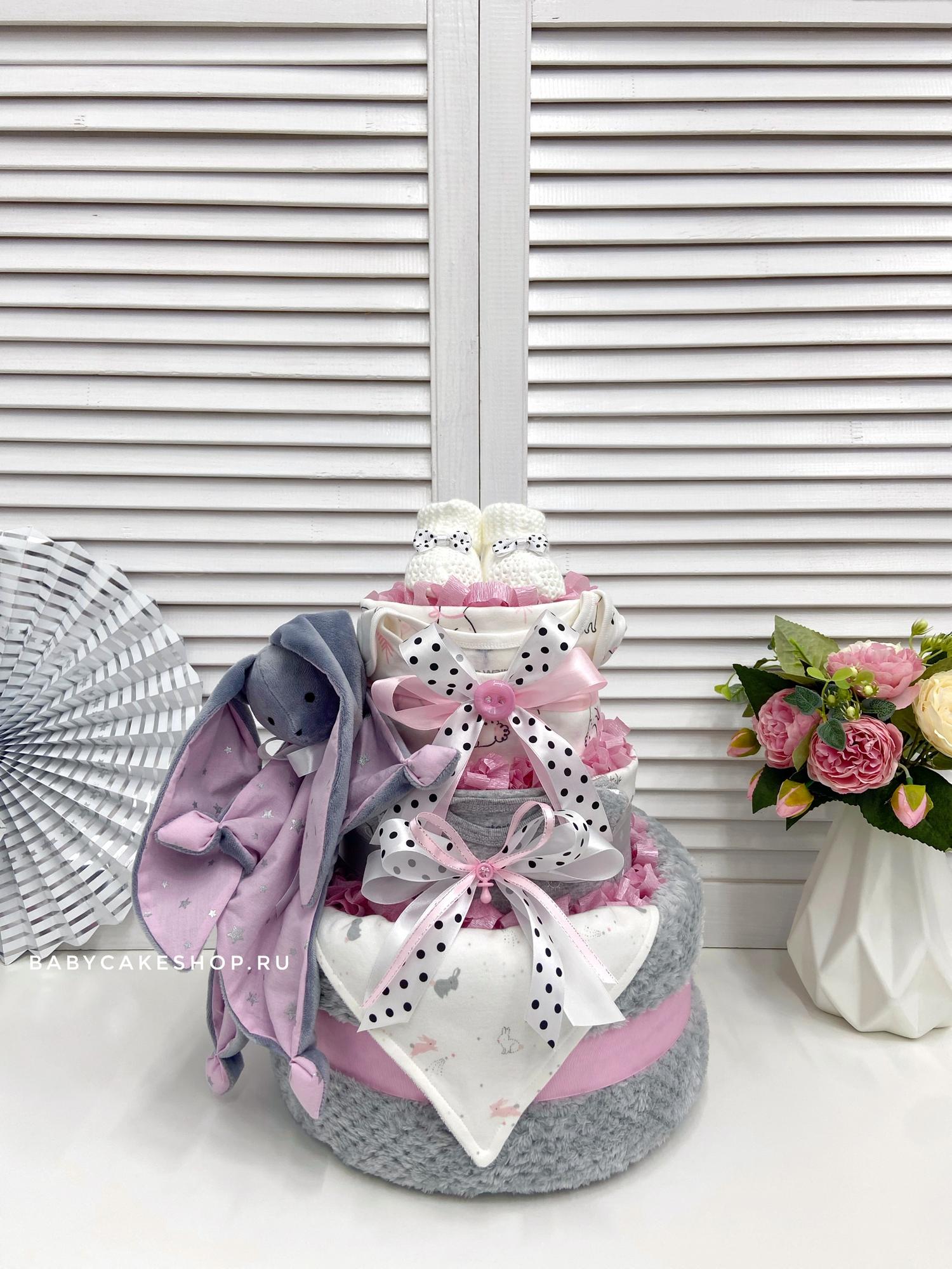 Торт из памперсов подгузников для девочки с комфортером «Розовая зайка»