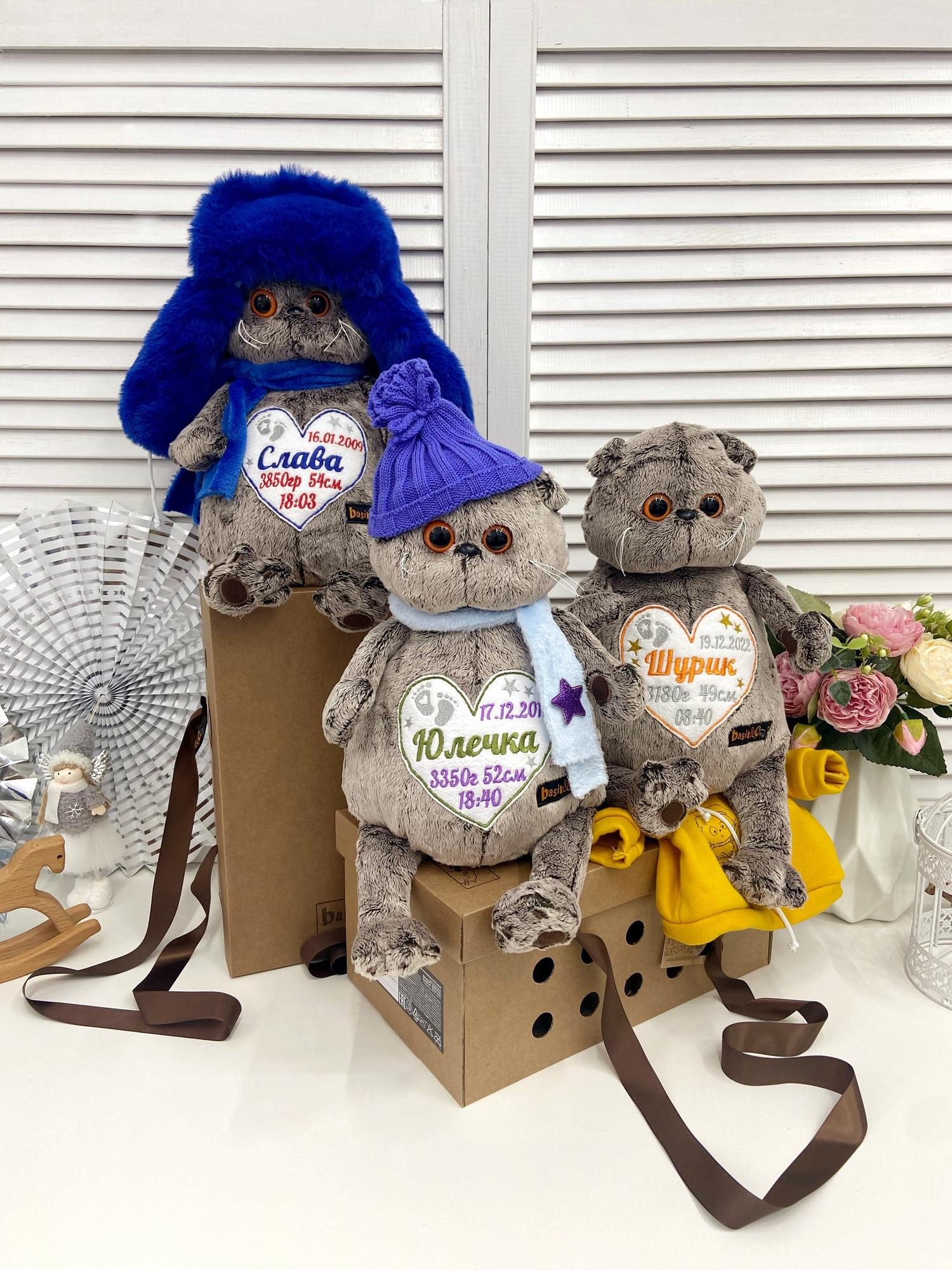 Именная мягкая игрушка с вышивкой имени и метрикой ребёнка «Большой Басик 30см»