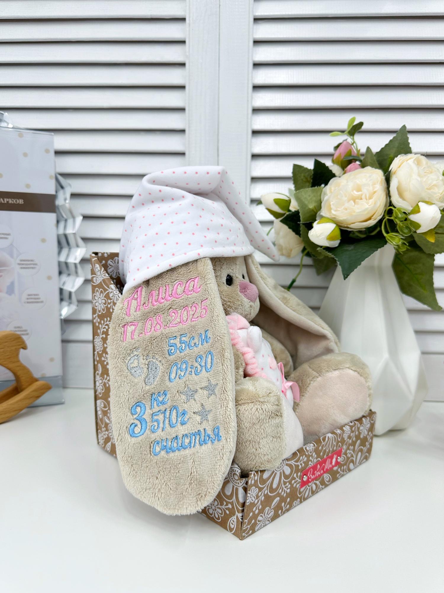 Мягкая именная игрушка с вышивкой имени и метрикой ребенка "Зайка Ми единорог для девочки"