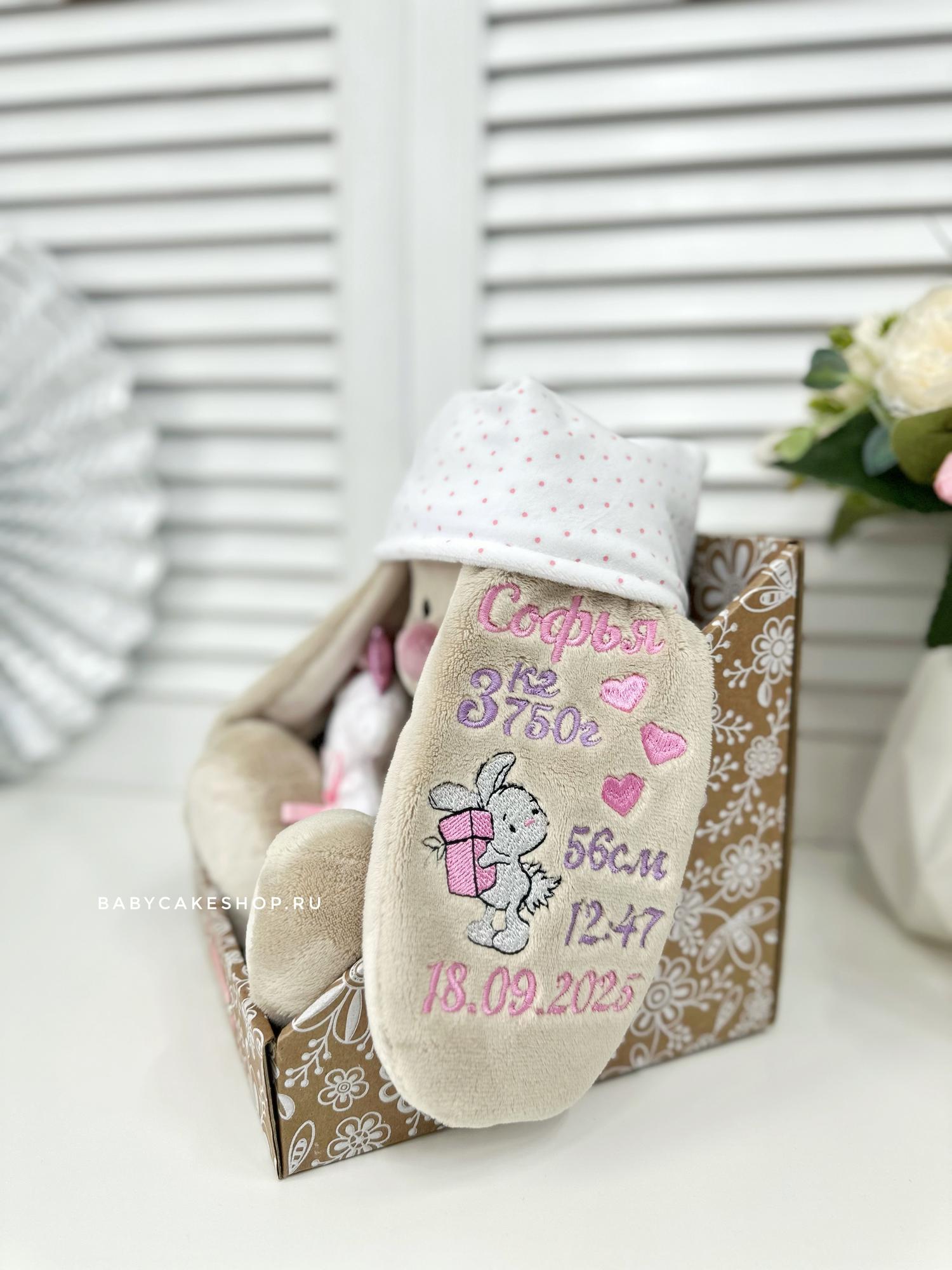 Мягкая именная игрушка с вышивкой имени и метрикой ребенка "Зайка Ми единорог для девочки"