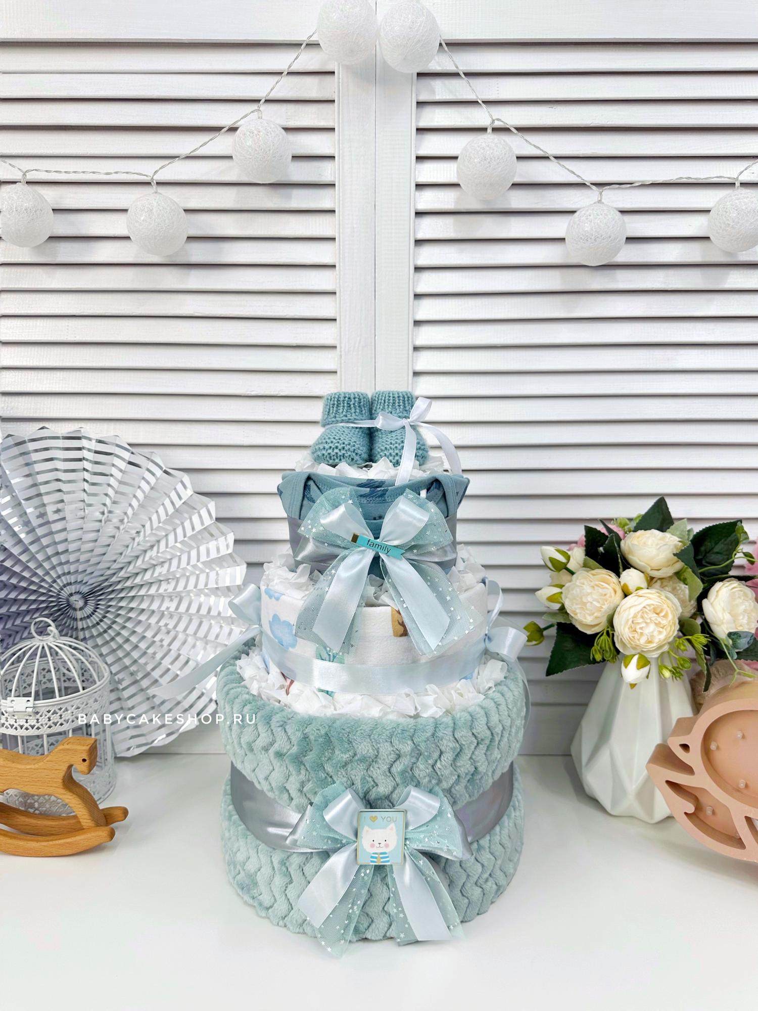 Торт из памперсов подгузников для новорожденного мальчика «Мятный»