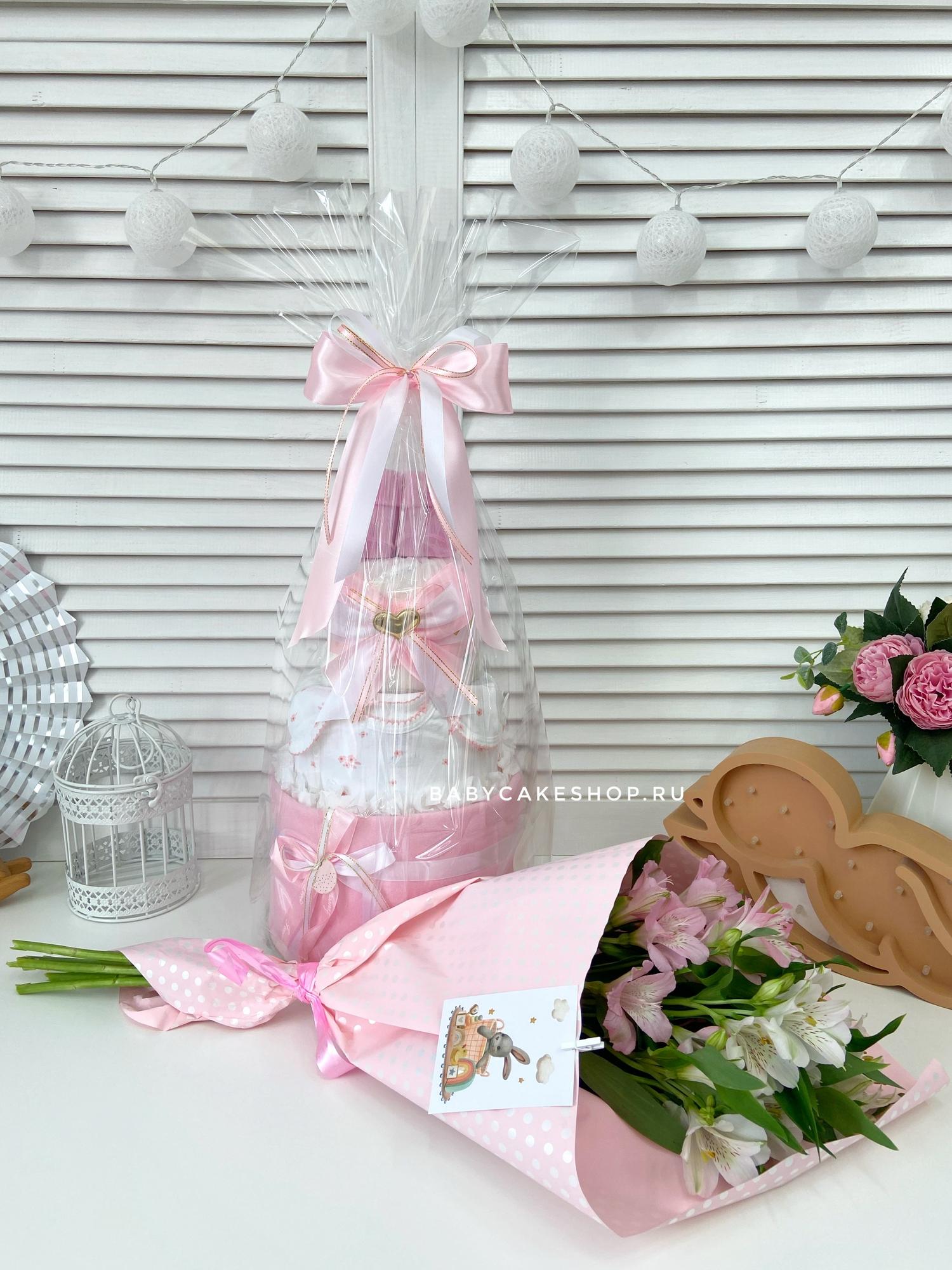 Торт из памперсов подгузников для девочки на рождение «Золотое сердце»