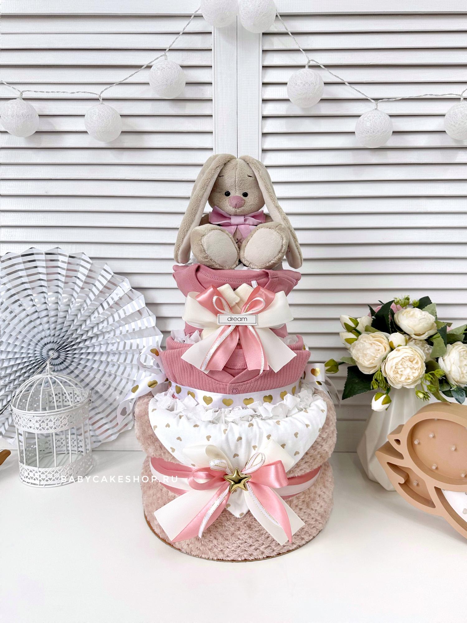 Торт из памперсов подгузников для девочки с зайкой ми «Пудра»