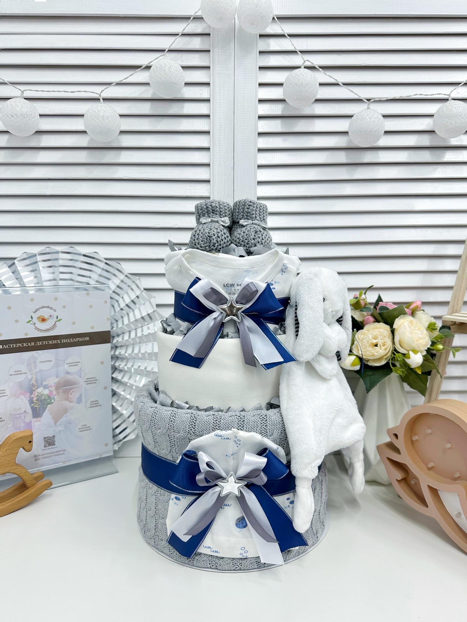 Торт из памперсов подгузников для новорожденного «Серый»