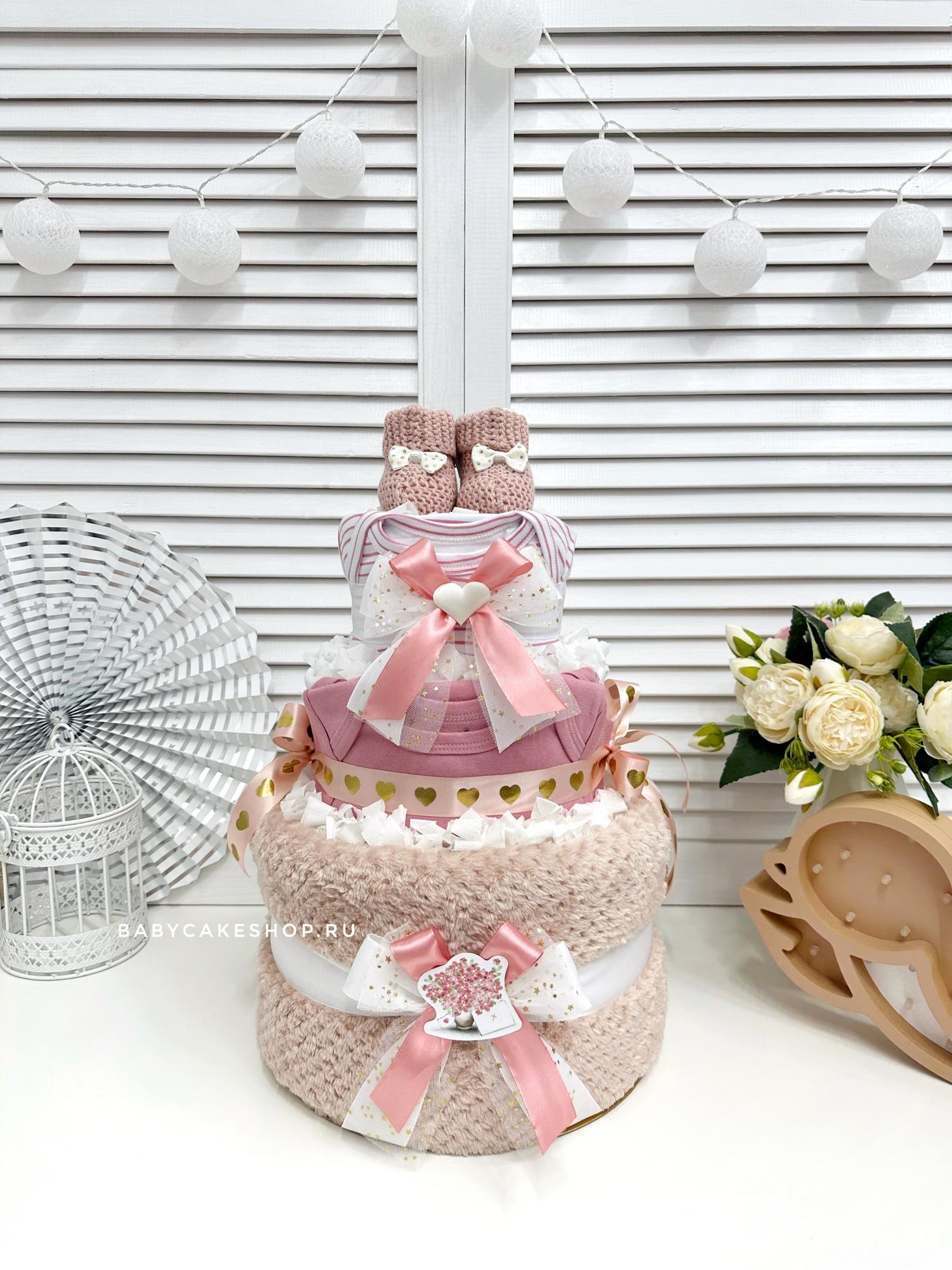 Торт из памперсов подгузников для девочки «Пудровый»