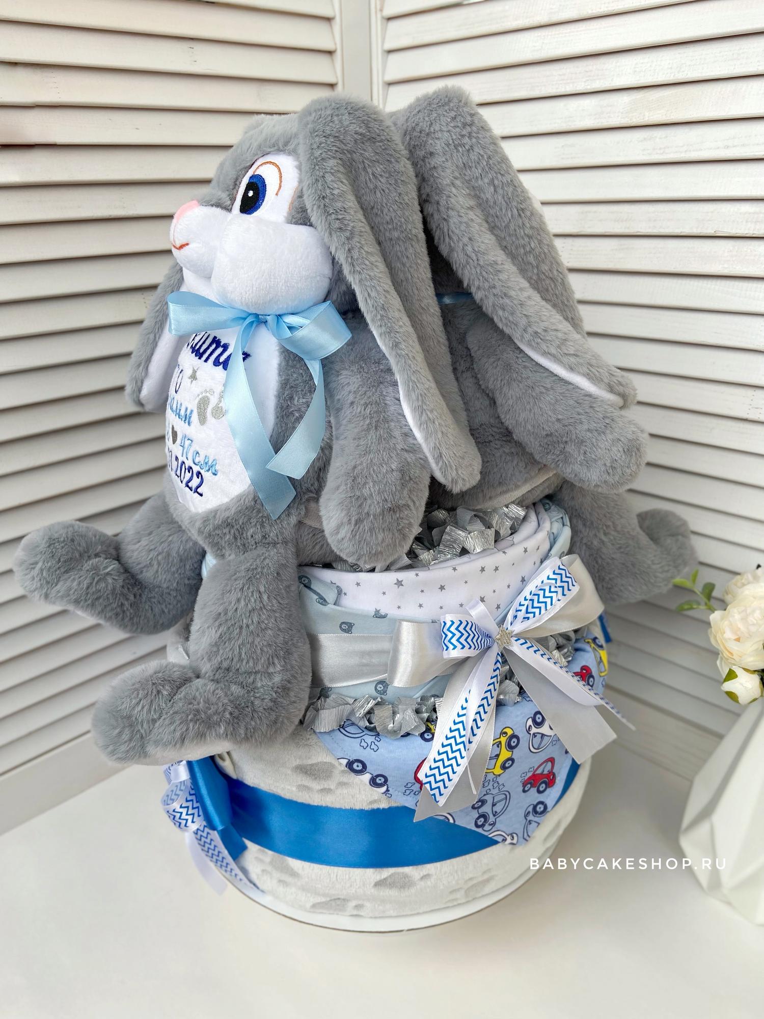 Торт из памперсов подгузников с именной игрушкой для двойняшек «Сонные зайчики»