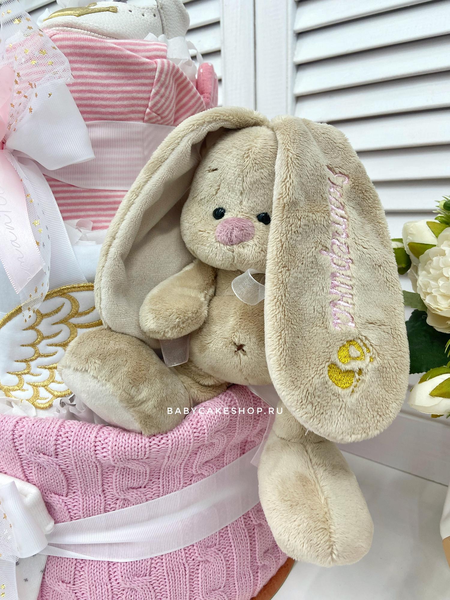 Торт из памперсов подгузников именной для девочки «Розовый с золотом»