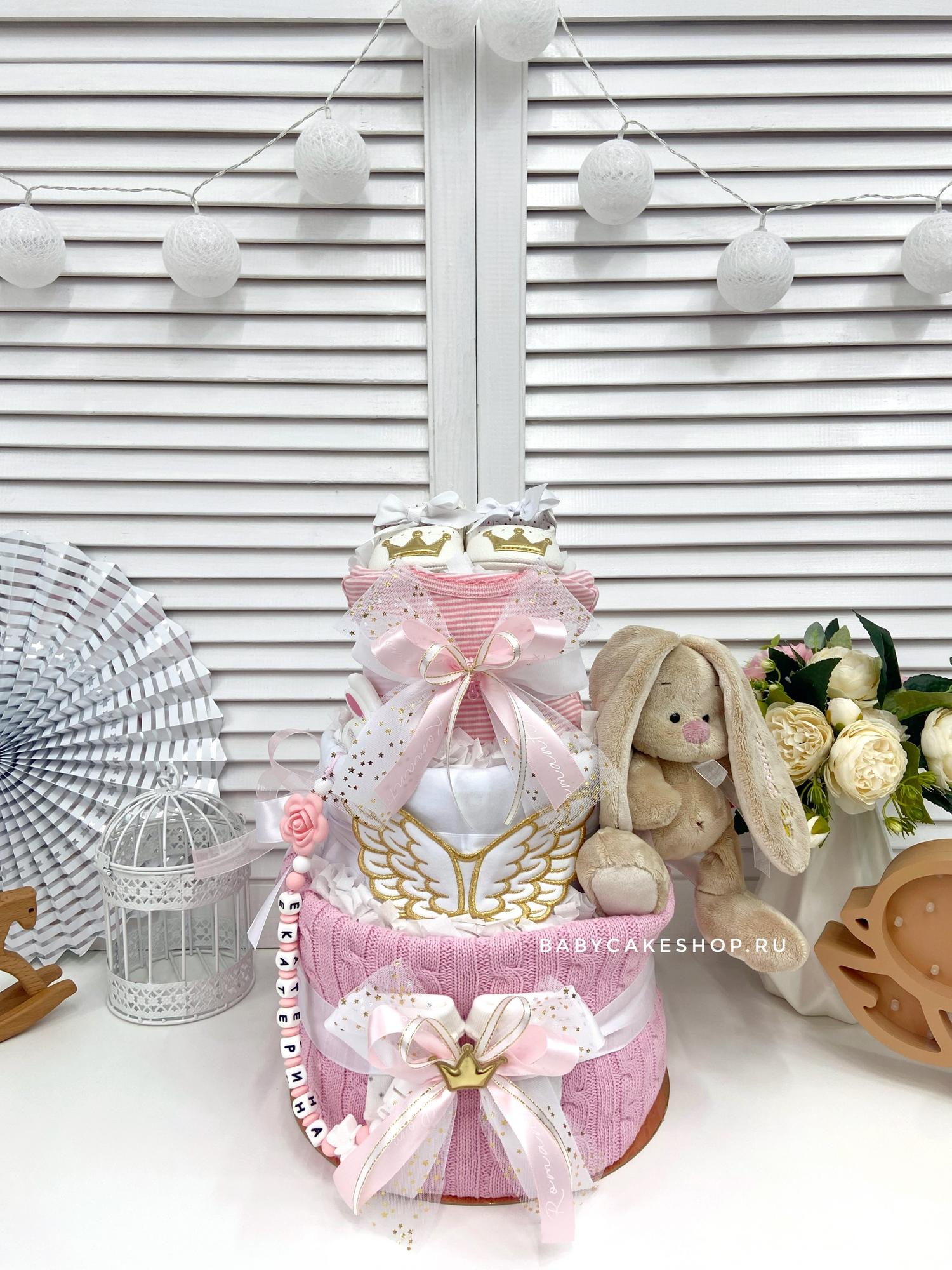 Торт из памперсов подгузников именной для девочки «Розовый с золотом»