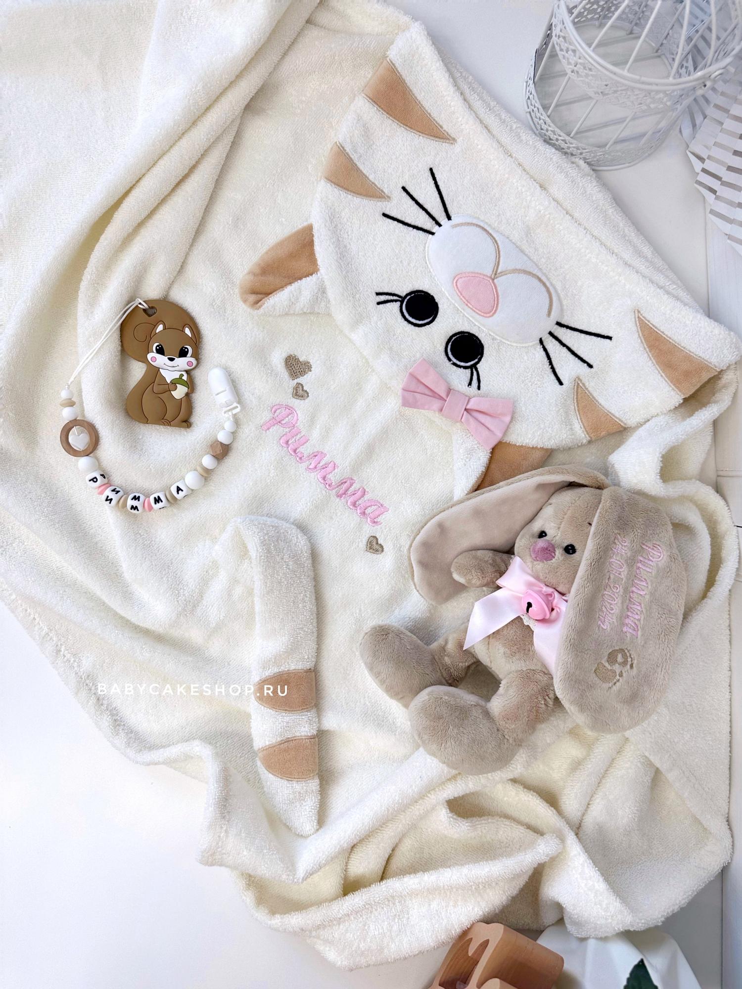 Полотенце детское, полотенце для купания с капюшоном и вышивкой «Котик»