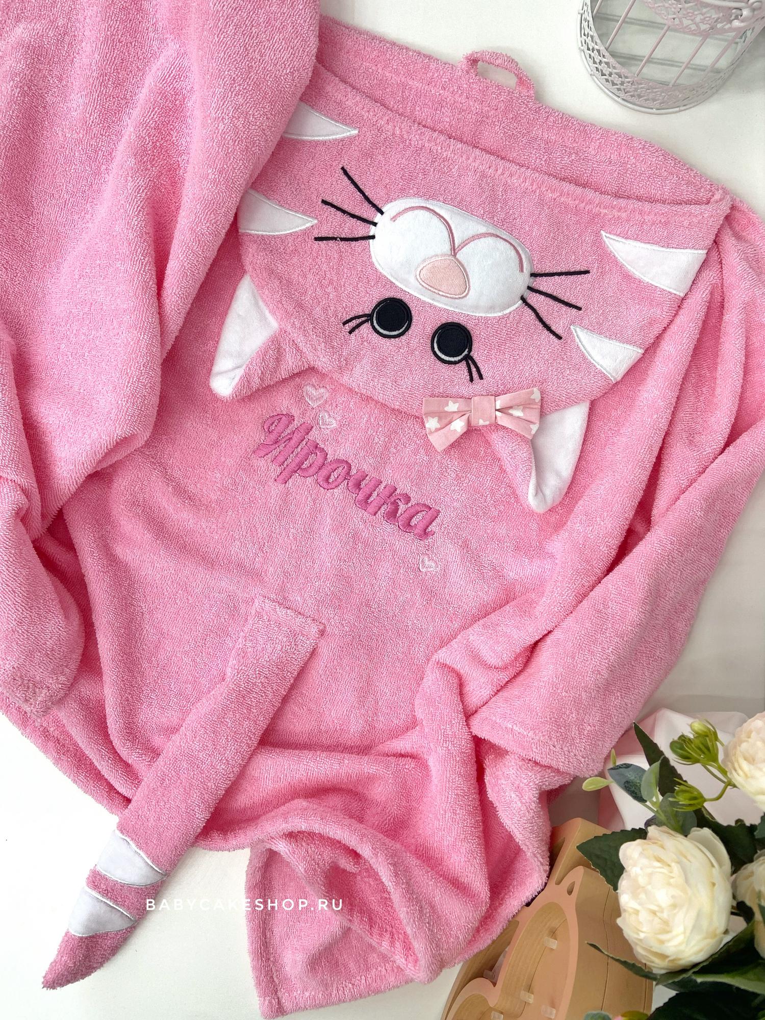 Полотенце детское, полотенце для купания с капюшоном и вышивкой «Котик»