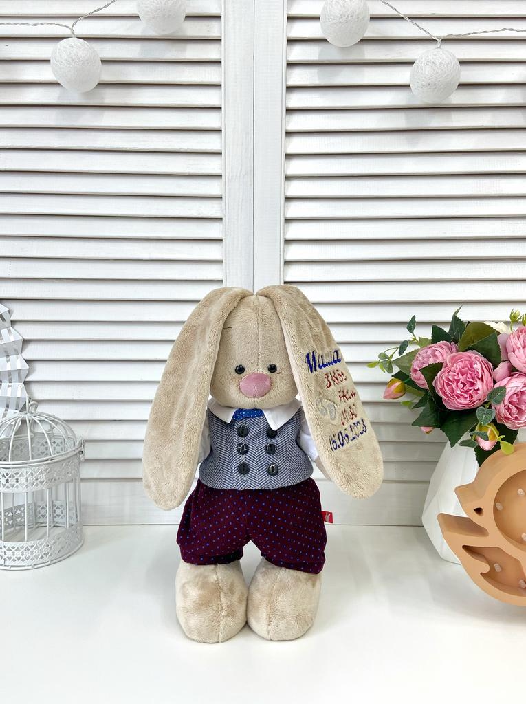 Именная игрушка с вышивкой имени и метрикой «Зайка Ми мальчик»