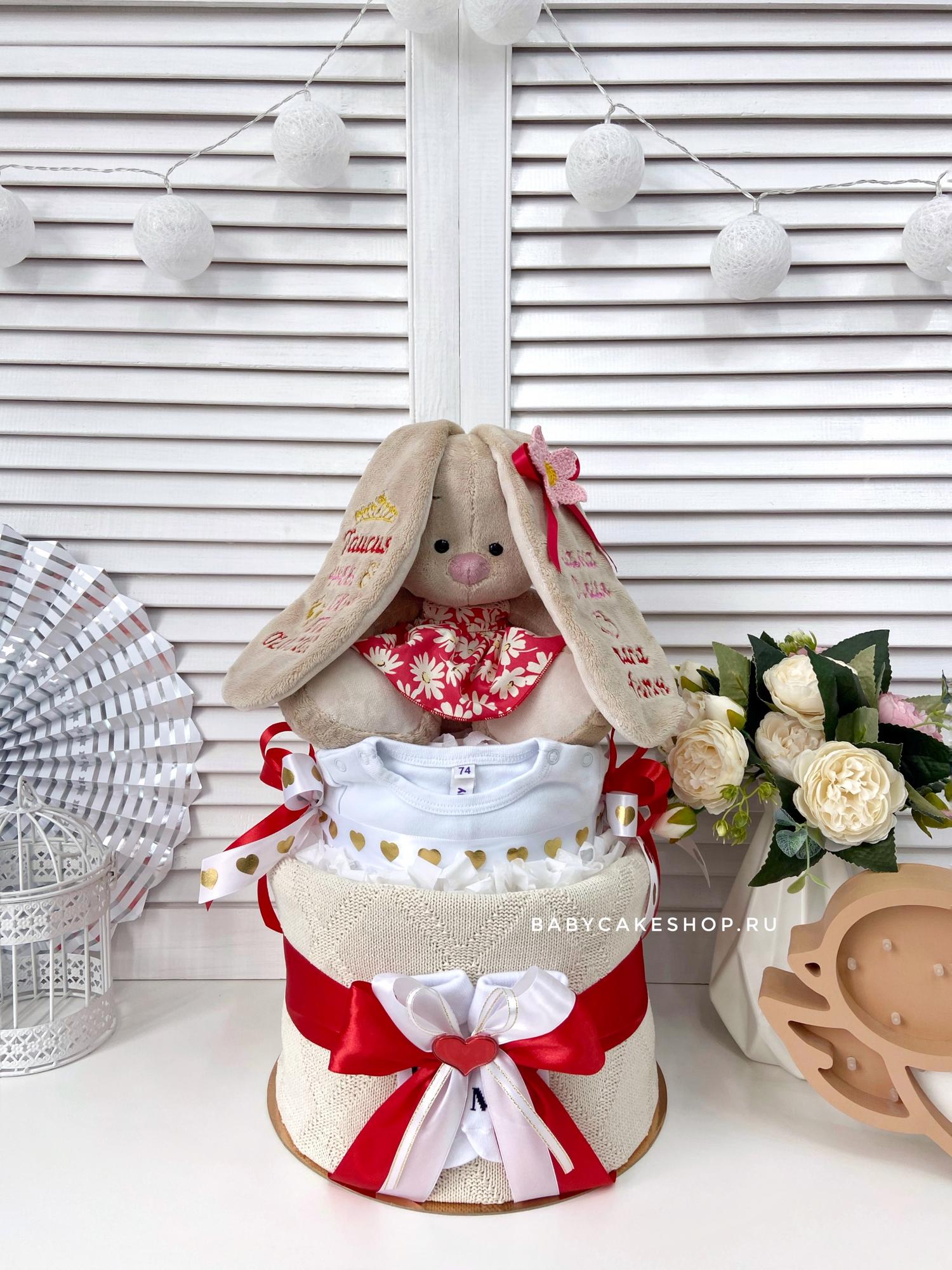 Торт из памперсов подгузников для девочки «Зайка Ми в красном платье»