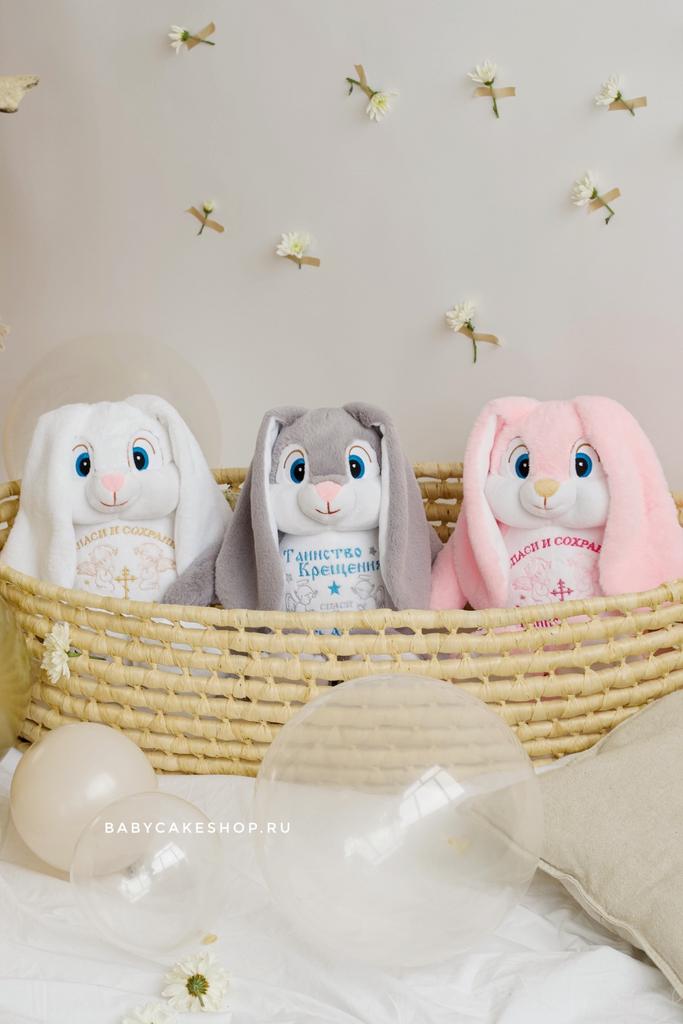 Мягкая игрушка с вышивкой на крещение «Зайка»