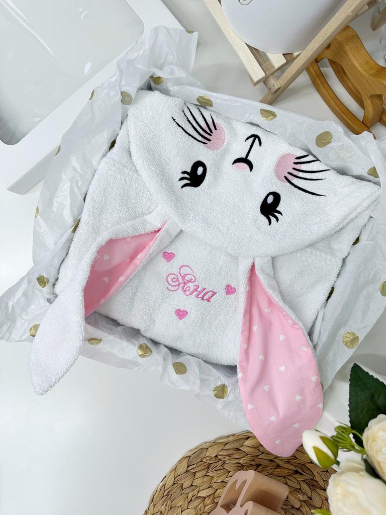 Полотенце детское, полотенце для купания с капюшоном и вышивкой «Зайка»